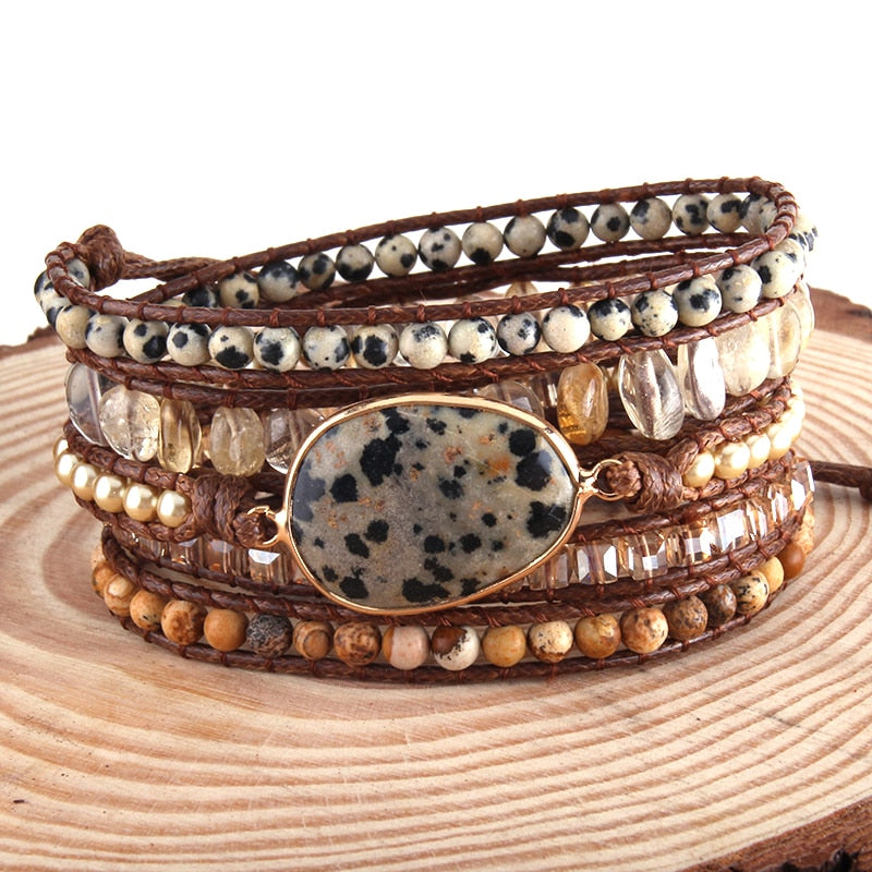 Bracelet Bohémien en Jaspe dalmatien et Jaspe "Protection & Harmonie" - Cabochon