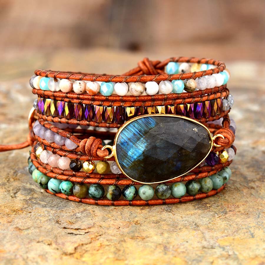 Bracelet Bohémien en Labradorite et Jaspe "Protection & Développement" - Cabochon