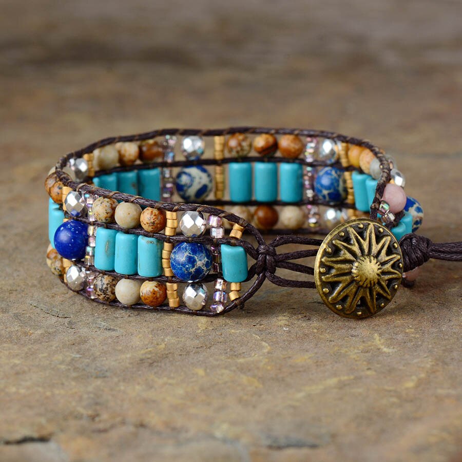 Bracelet Bohémien en Turquoise bleue et Jaspe "Sérénité & Bien être"
