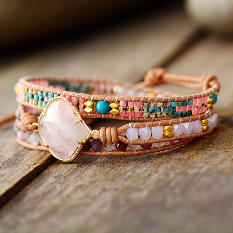 Bracelet Bohémien en Quartz rose "Amour & Confiance en soi"
