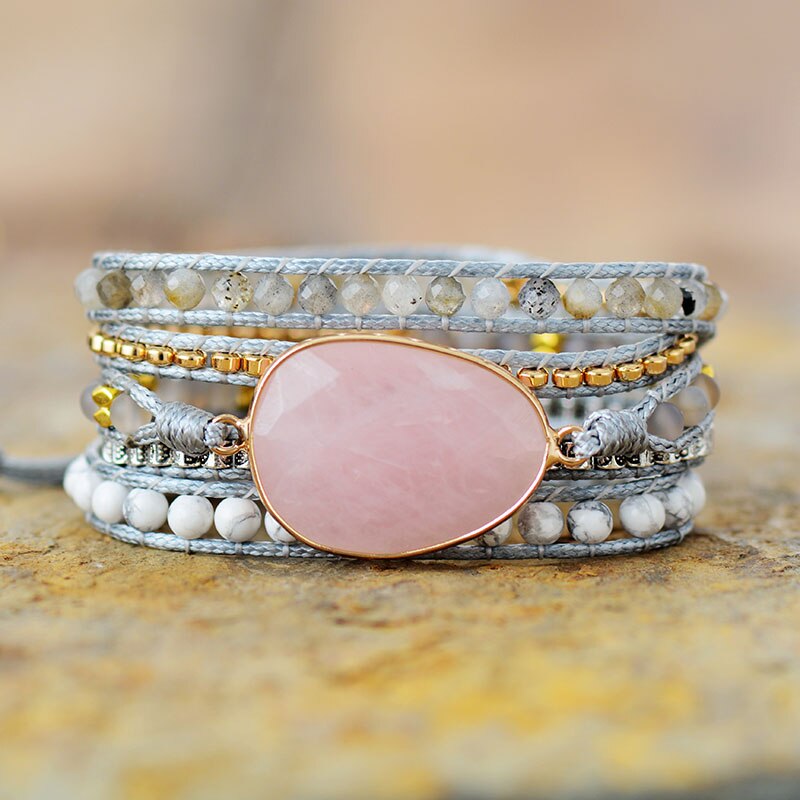 Bracelet Bohémien en Quartz rose et Labradorite "Amour & Confiance en soi" - Cabochon