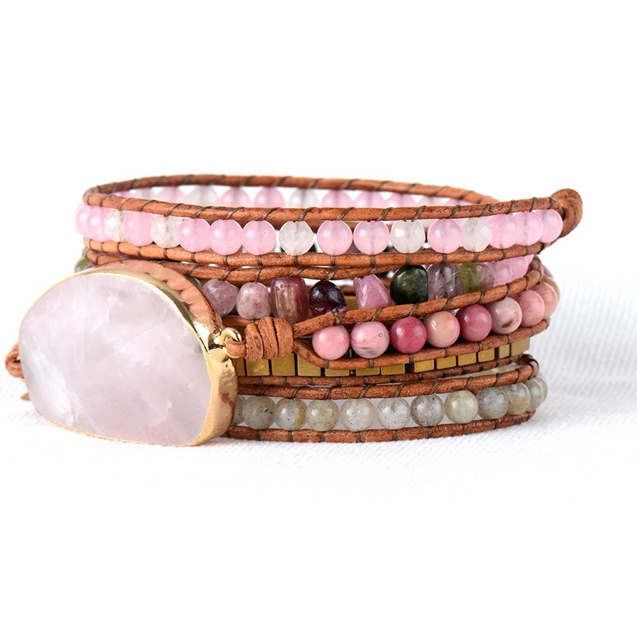 Bracelet Bohémien en Quartz rose et Tourmaline "Amour & Confiance en soi" - Cabochon