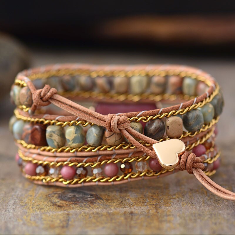 Bracelet Bohémien en Jaspe et Rhodonite "Épanouissement & Estime de soi" - Coeur