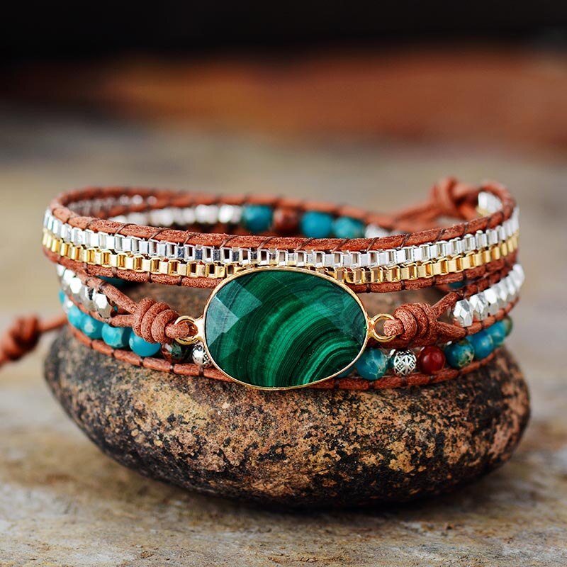 Bracelet Bohémien en Malachite et Jaspe "Protection & Clairvoyance" - Cabochon