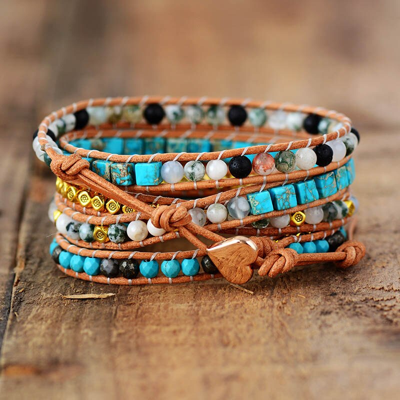 Bracelet Bohémien Tibétain en Turquoise bleue et Jaspe "Sérénité & Bien être" - Cabochon