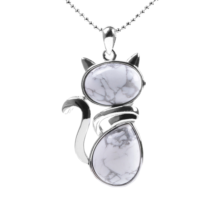 Chaîne et son Pendentif Reiki en Turquoise blanche "Sagesse & Conscience" - Chat