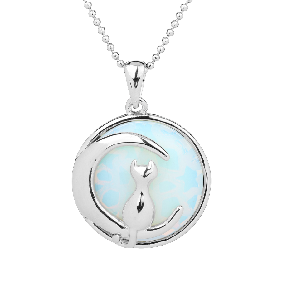Chaîne et son Pendentif en Opale "Créativité & Spontanéité" - Chat au clair de lune