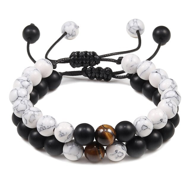 Double Bracelets en Turquoise blanche et Oeil de tigre "Sagesse & Conscience" - Ajustable