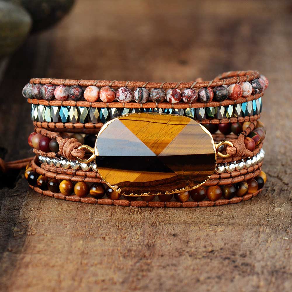 Bracelet Bohémien en Oeil de tigre "Courage & Audace" - Cabochon