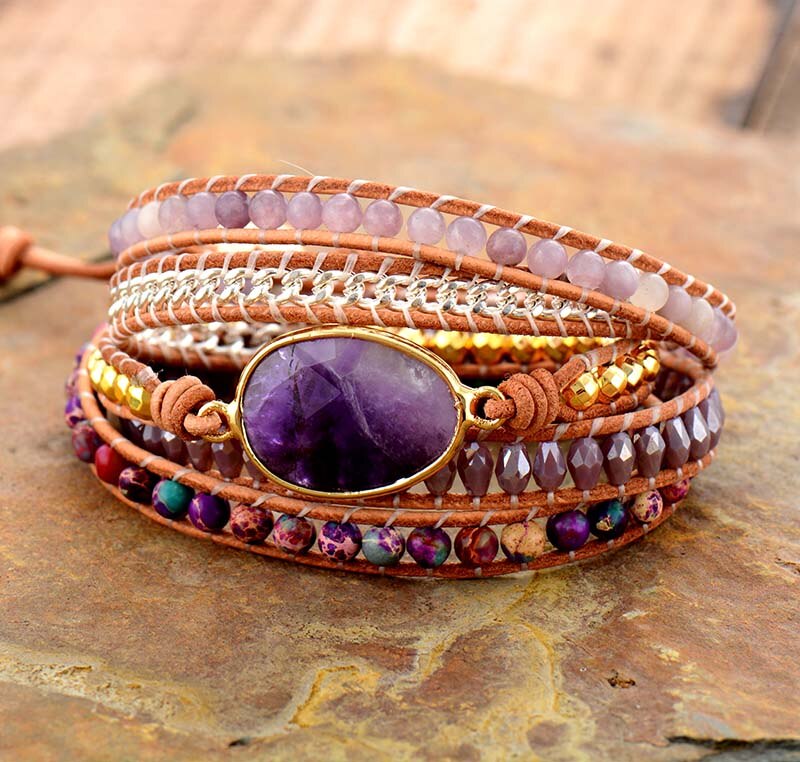 Bracelet Bohémien en Améthyste et Jaspe "Force & Sagesse" - Cabochon