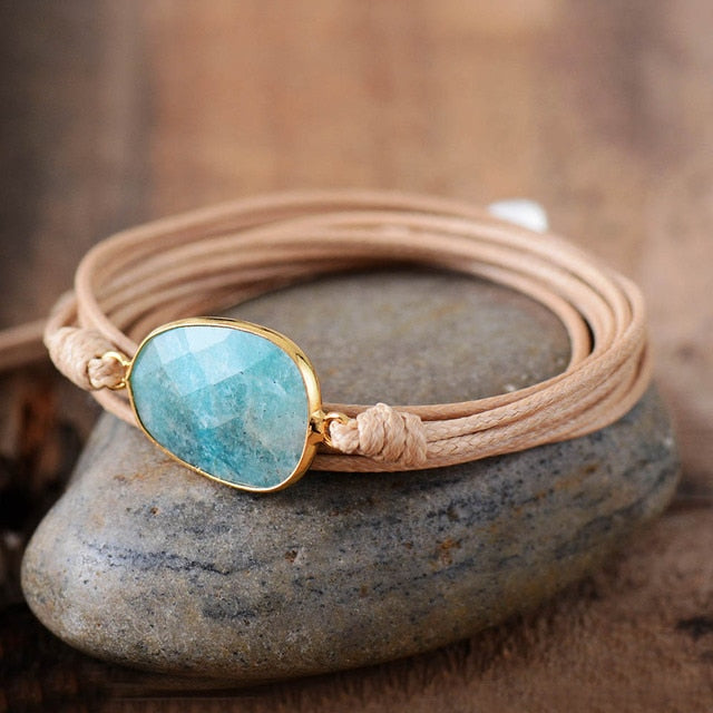 Bracelet Bohémien en Amazonite "Paix & Courage" - Cabochon