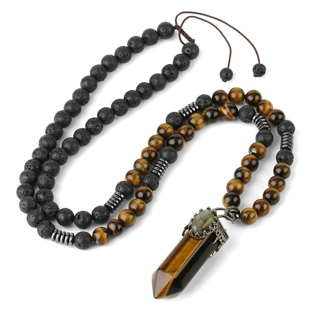 Cordon et son Pendentif en Oeil de tigre et Pierre de lave "Courage & Audace"