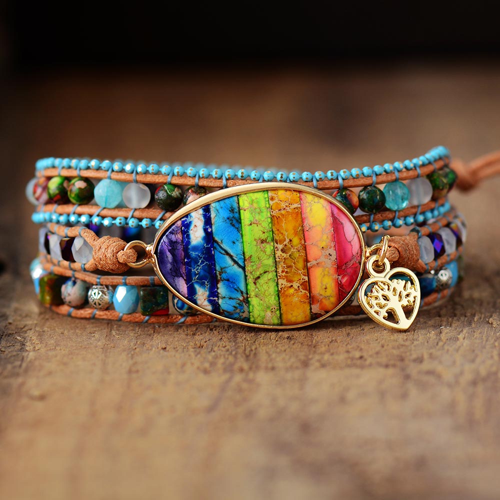 Bracelet Bohémien Sept Chakras en Jaspe "Épanouissement & Estime de soi" - Cabochon