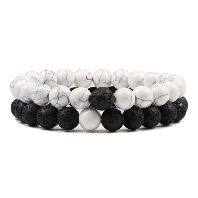 Double Bracelets Couple en Pierre de lave et Turquoise blanche "Ancrage & Stabilité"