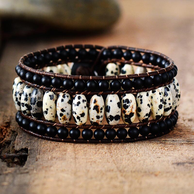 Bracelet Bohémien en Jaspe dalmatien et Onyx "Protection & Harmonie"