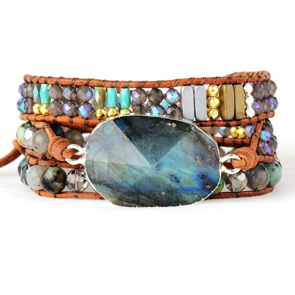 Bracelet Bohémien en Labradorite et Quartz fumé "Protection & Développement" - Cabochon