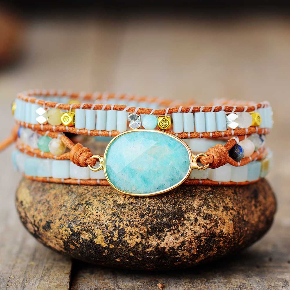 Bracelet Bohémien en Amazonite "Paix & Courage" - Cabochon