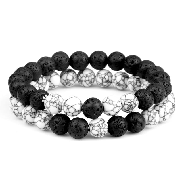 Double Bracelets Couple en Pierre de lave et Turquoise blanche "Ancrage & Stabilité"