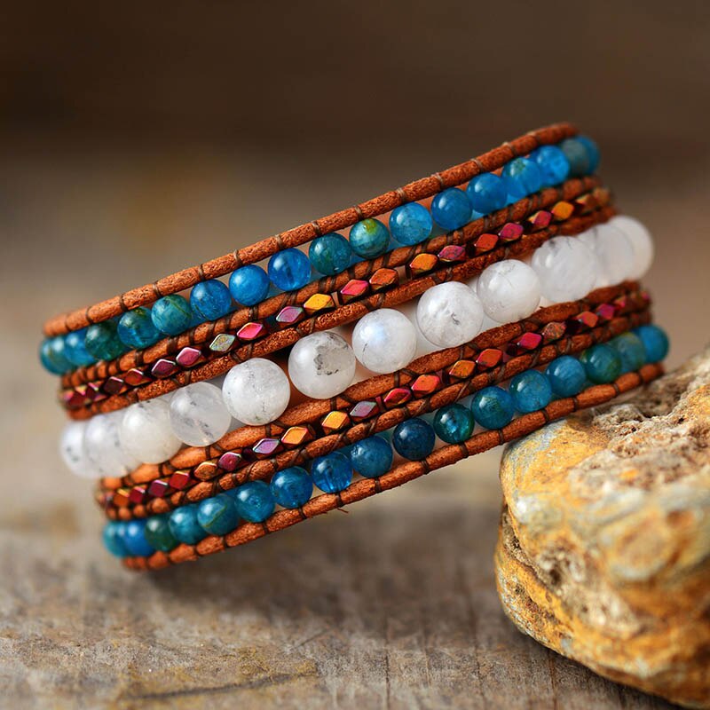 Bracelet Bohémien en Pierre de lune et Apatite bleue "Fécondité & Tendresse"