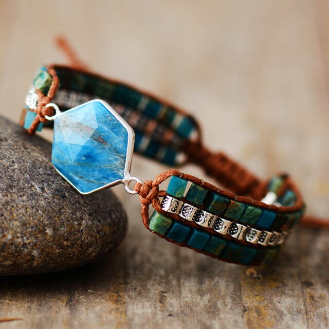 Bracelet Bohémien en Apatite bleue et Jaspe "Communication & Relaxation"
