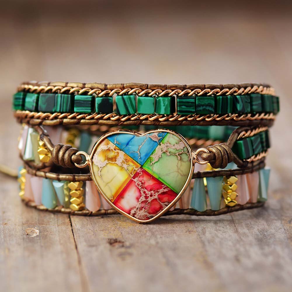 Bracelet Bohémien en Malachite et Jaspe "Protection & Clairvoyance" - Coeur