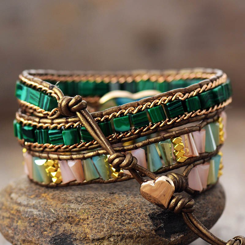 Bracelet Bohémien en Malachite et Jaspe "Protection & Clairvoyance" - Coeur