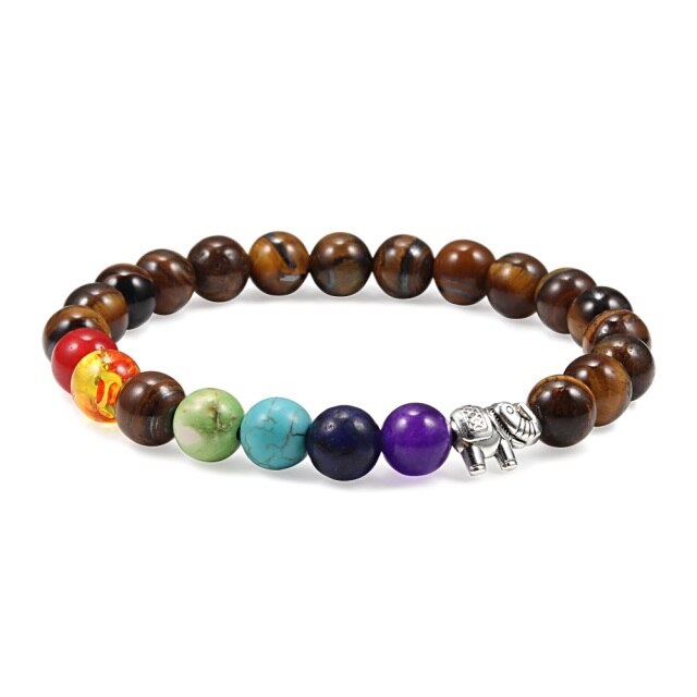 Bracelet Sept Chakras en Oeil de tigre "Courage & Audace" - Éléphant