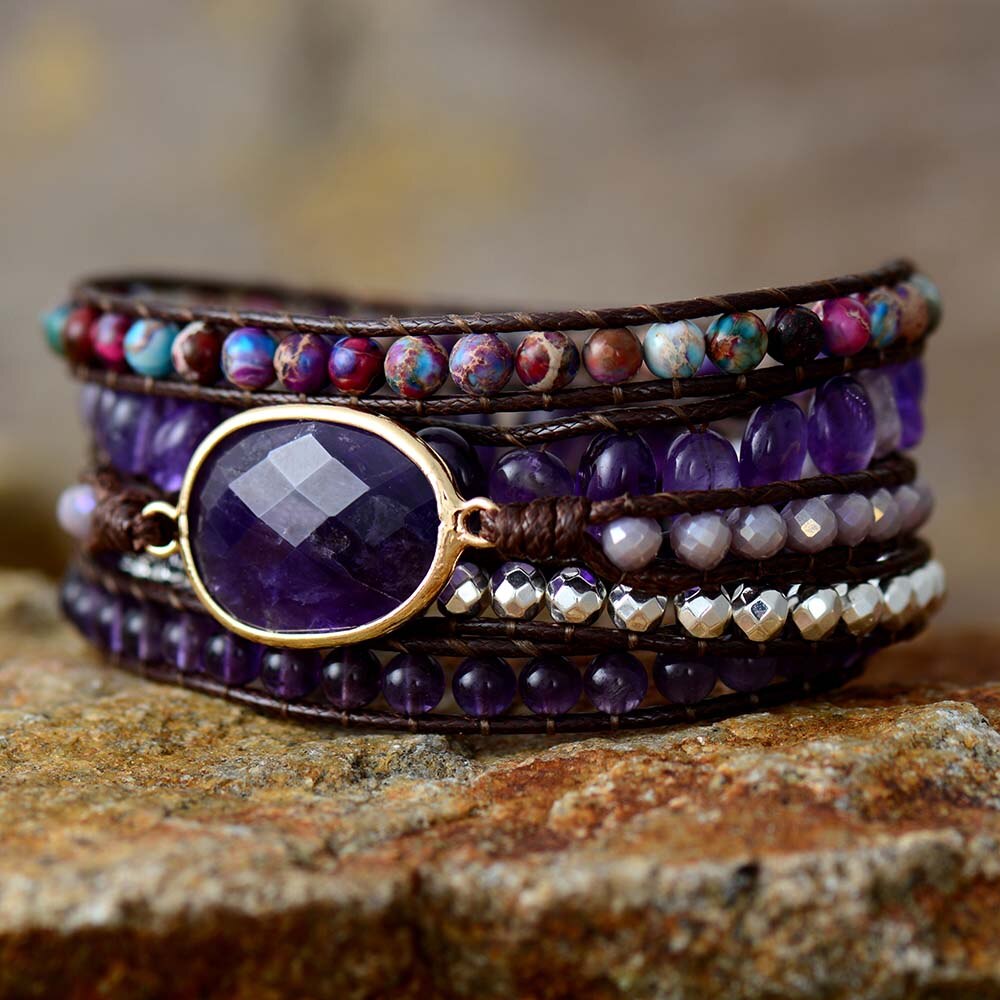Bracelet Bohémien en Améthyste "Force & Sagesse" - Cabochon