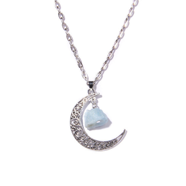 Chaîne et son Pendentif Reiki en Aigue-marine "Jeunesse & Guérison" - Lune